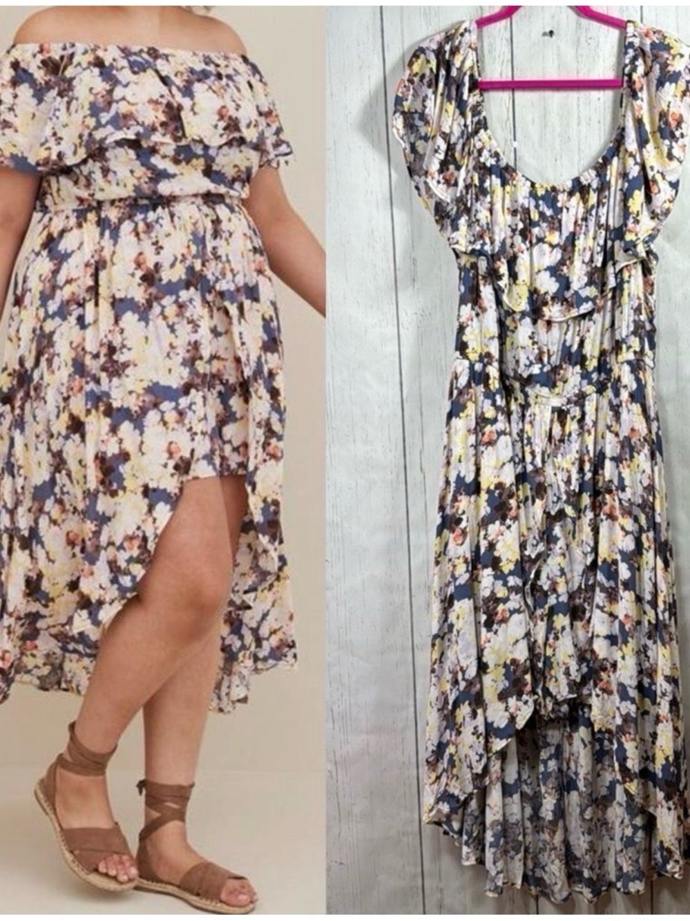 torrid Blue & Cream Floral Off-Shoulder High-Low Dress